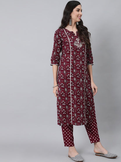 Dhiyona IS Women's Women Maroon Ethnic Motifs Thread Work Pure Cotton Kurta with Trousers & With Dupatta
