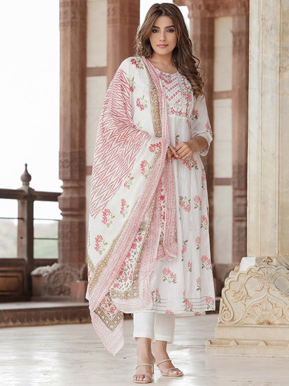 Dhiyona KL Ethnic Motifs Printed Empire Thread Work Pure Cotton Kurta & Trousers With Dupatta