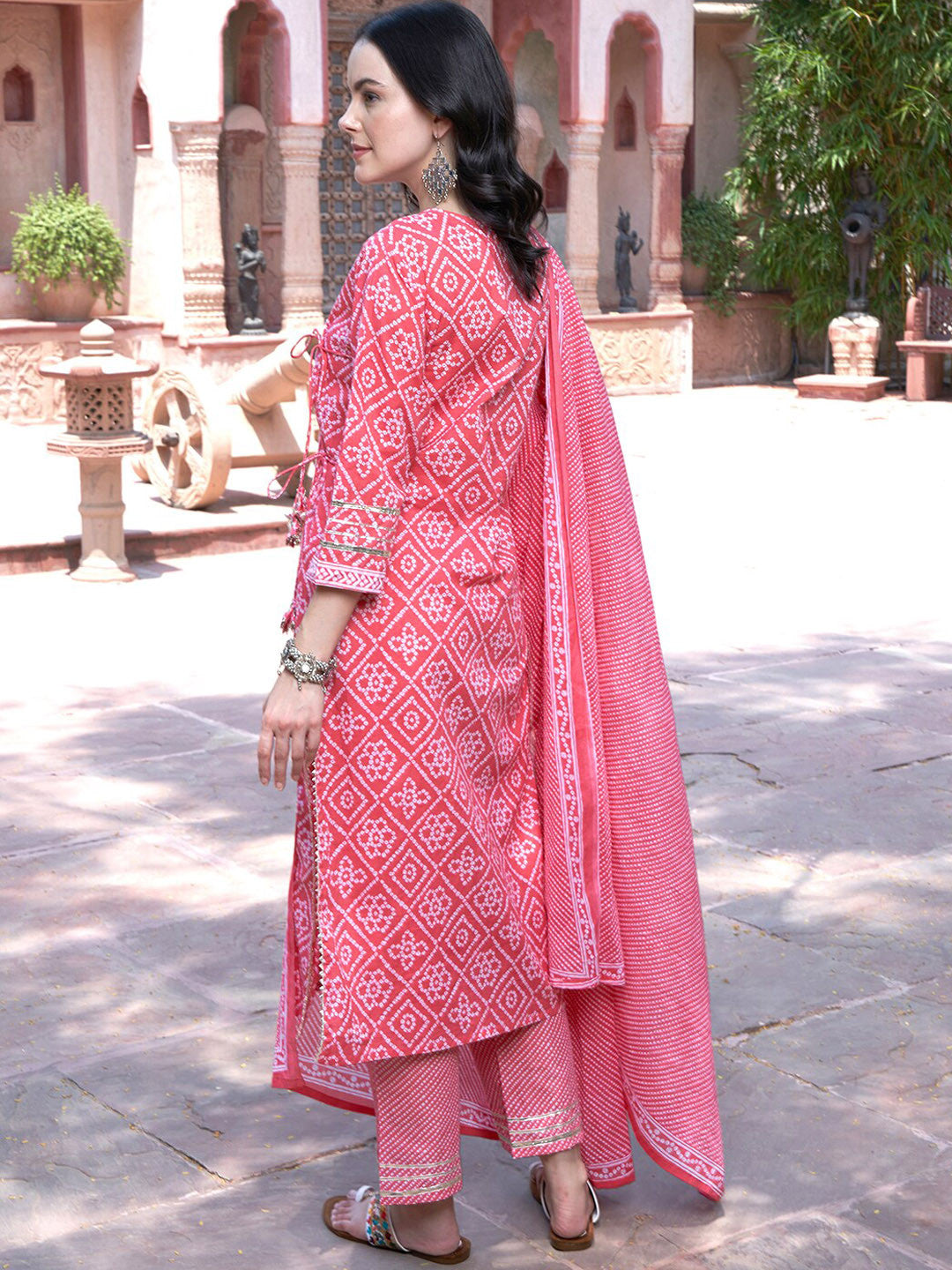 Pink Bandhani Printed Pure Cotton Angrakha Kurta With Trousers & Dupatta