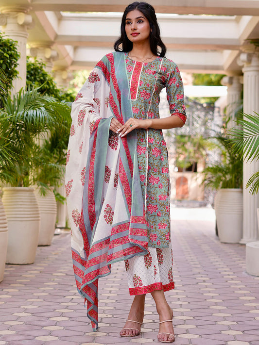 Women Grey & Peach-coloured Floral Print Cotton Kurta Palazzos Dupatta