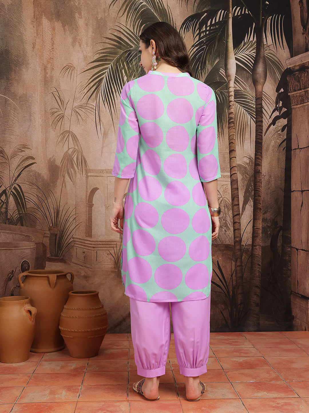 Geometric Print Band Collar Straight Kurta with Salwar