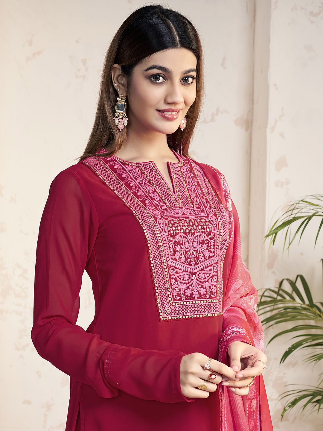 Dhiyona IN Ethnic Motifs Embroidered Sequinned Georgette Straight Kurti With Sharara & Dupatta