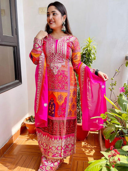 Dhiyona KL Ethnic Motifs Embroidered Beads and Stones Straight Kurta & Palazzos With Dupatta