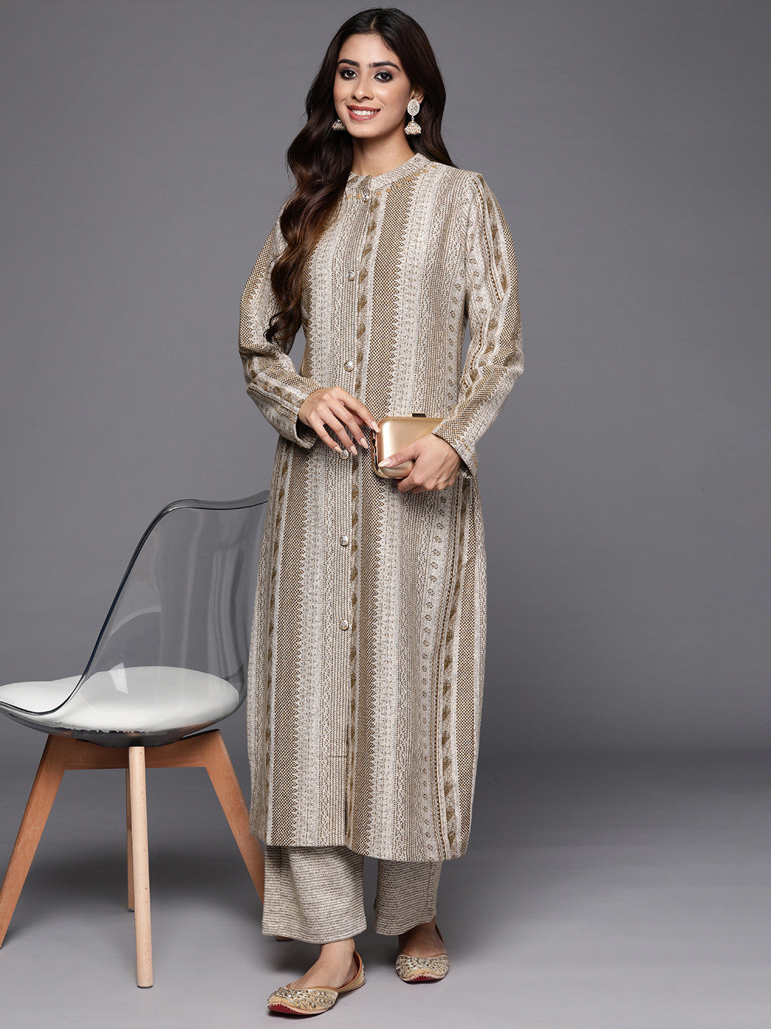 Women Self Design Panelled Beaded Kurta with Trousers