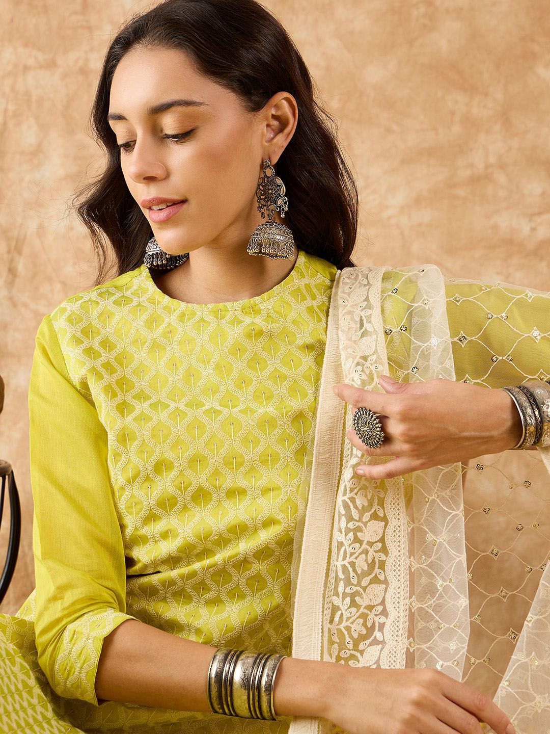 Embroidered Straight Sequinned Chanderi Cotton Kurta with Trousers & Dupatta