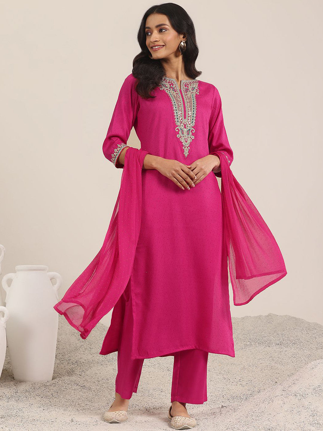 Floral Yoke Design Sequnnied Straight Kurta With Trousers & Dupatta