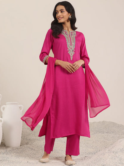 Floral Yoke Design Sequnnied Straight Kurta With Trousers & Dupatta