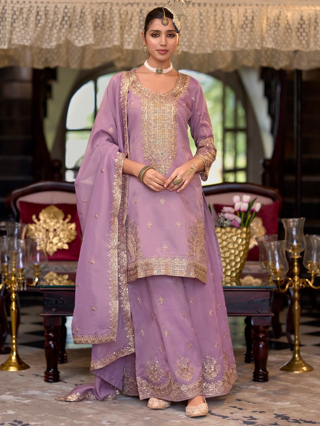 Dhiyona IE Ethnic Motifs Embroidered Sequinned Straight Kurta Palazzos With Dupatta