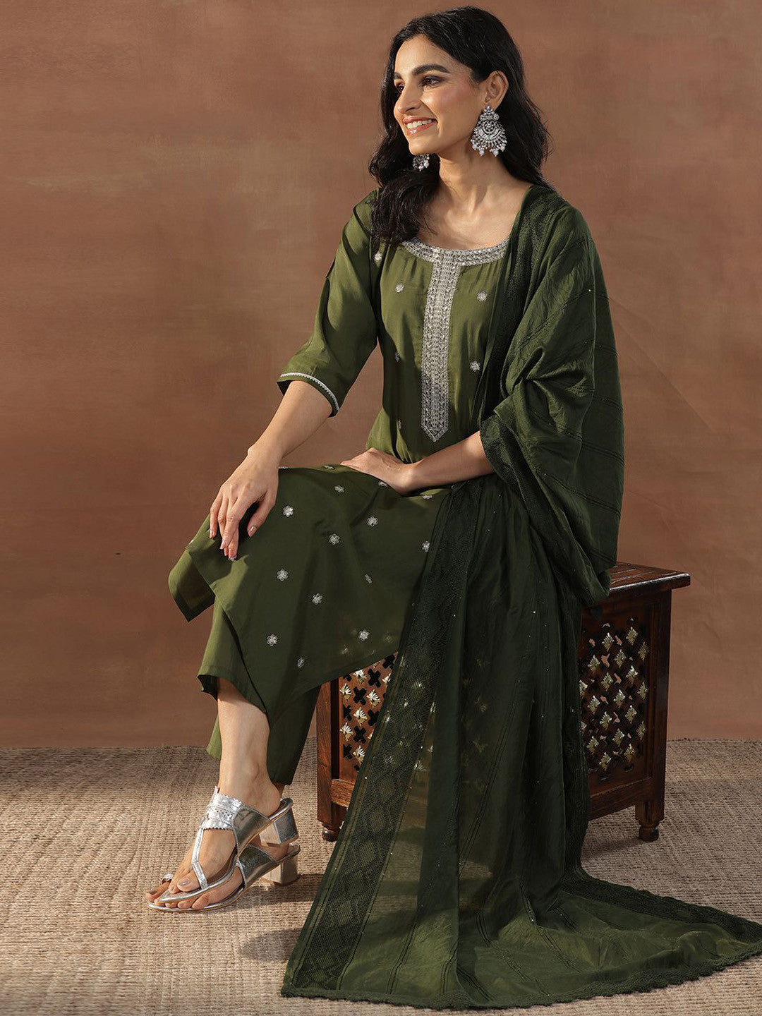 Olive Green Floral Embroidered Sequinned Straight Kurta With Trousers & Dupatta
