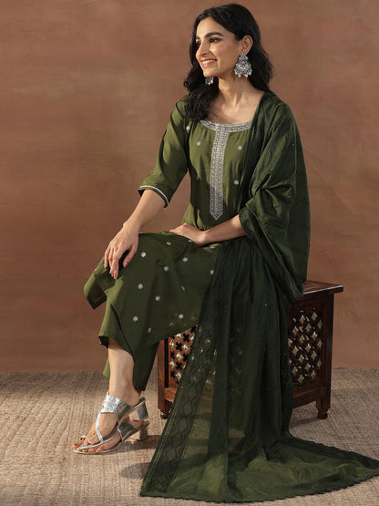 Olive Green Floral Embroidered Sequinned Straight Kurta With Trousers & Dupatta