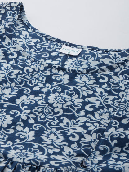 Dhiyona AY Women's Blue & White Ethnic Motifs Printed Cotton Maternity A-Line Dress with Ethnic Jacket