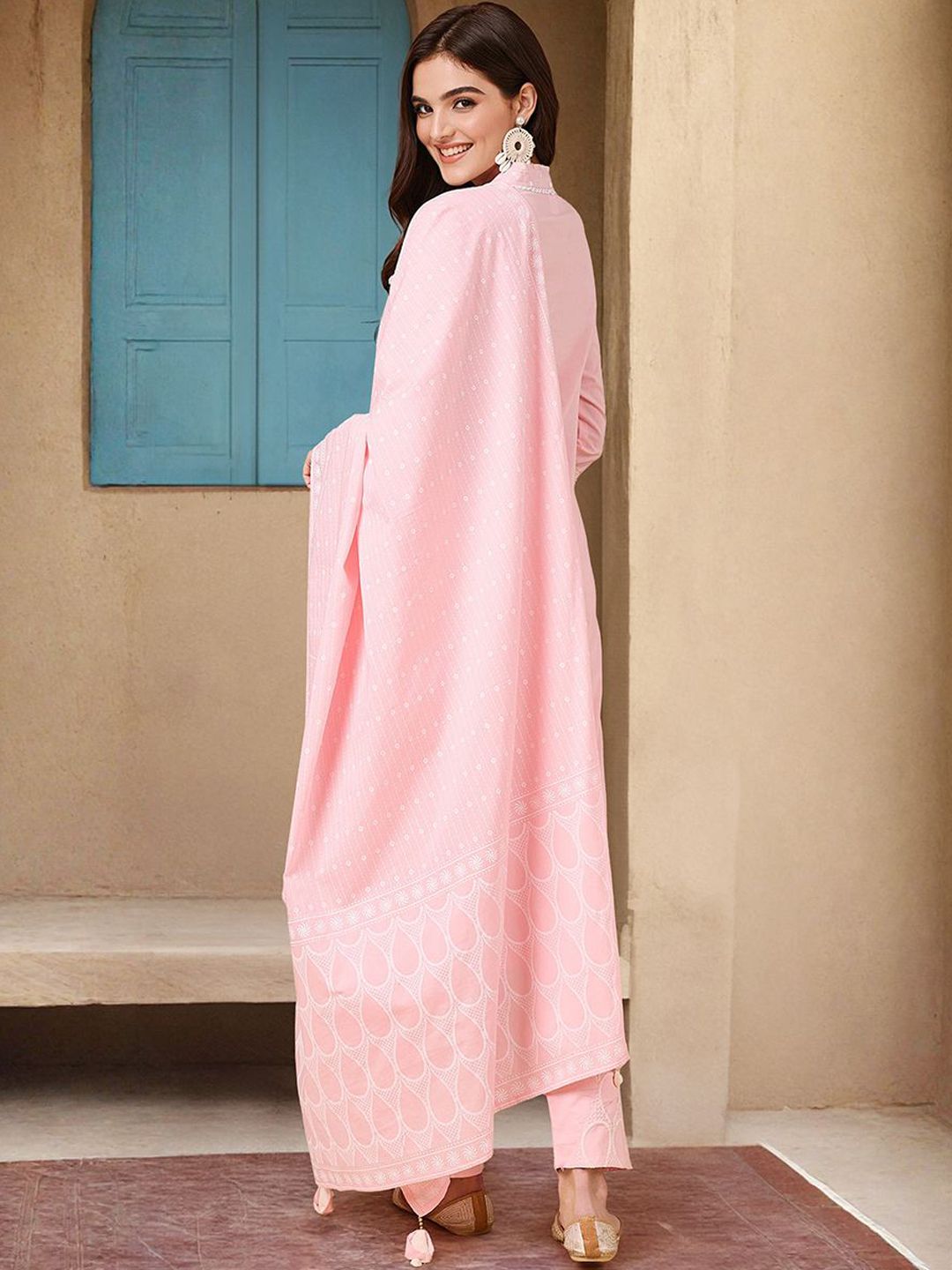 Dhiyona IS Women's Floral Embroidered V-neck Pure Cotton Kurta With Trousers & Dupatta