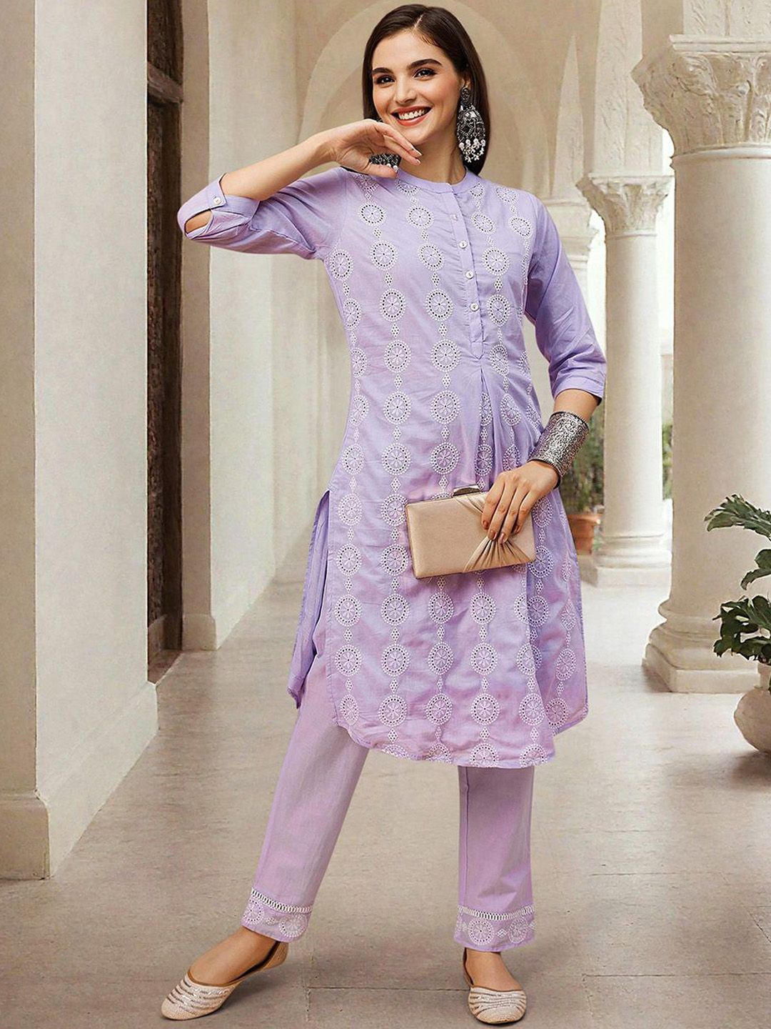 Dhiyona IS Women's Floral Embroidered Thread Work Pure Cotton Straight Kurta with Trousers