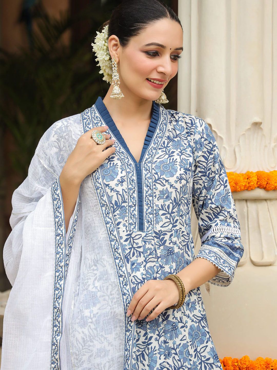 Dhiyona RR Women's Floral Printed Gotta Patti Pure Cotton Anarkali Kurta Set