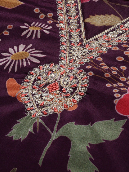 Dhiyona IS Women's Purple Floral Printed Thread Work Straight Kurta With Trousers & With Dupatta