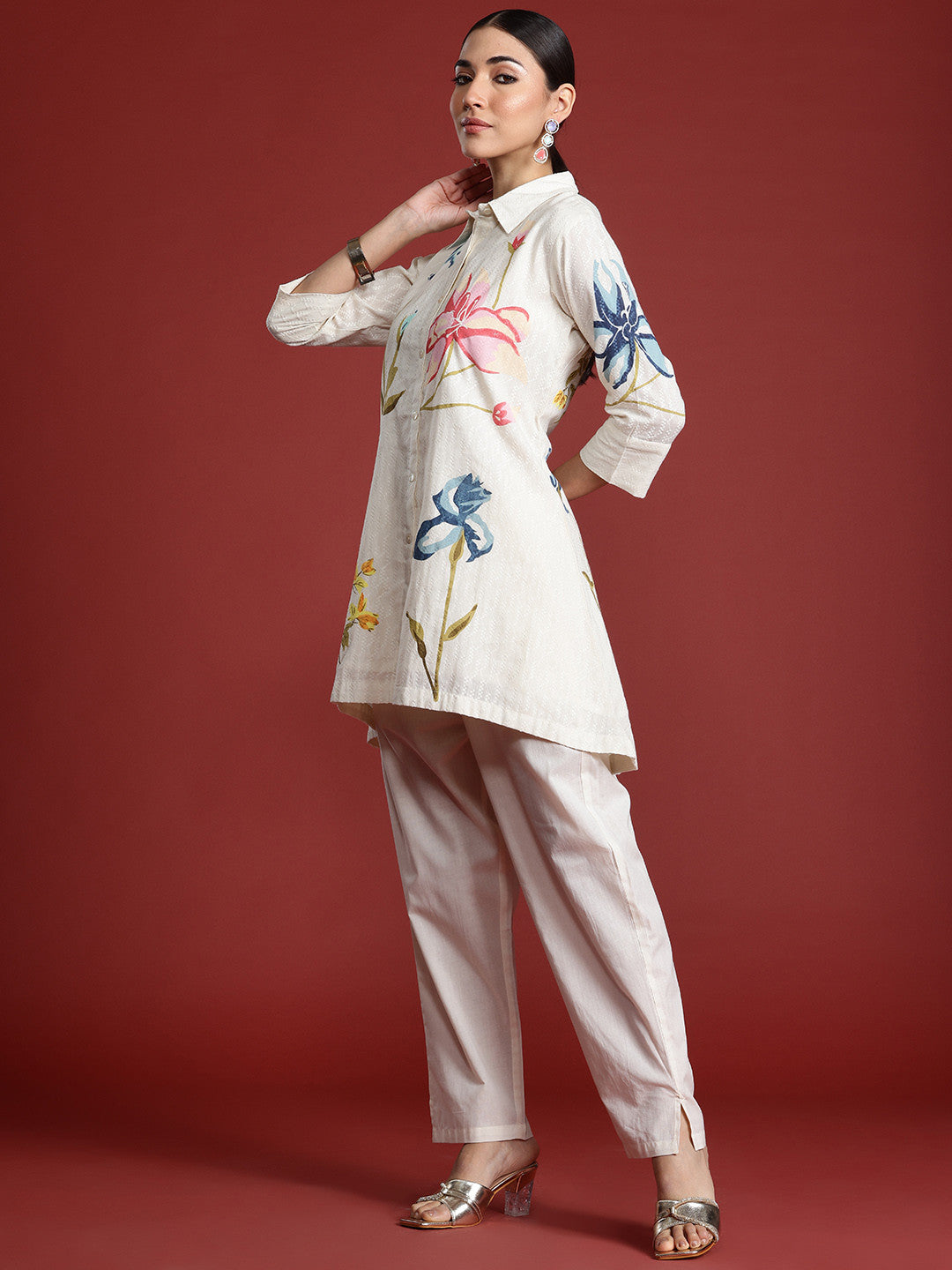 Floral Printed Pure Cotton Kurti with Trousers