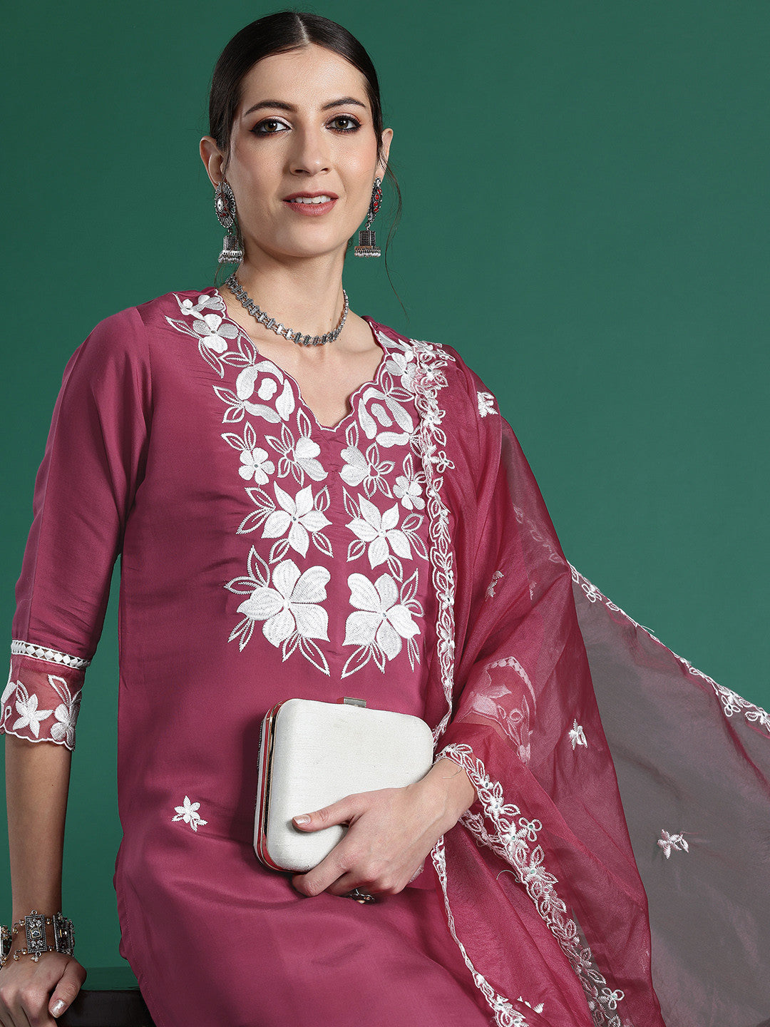 Floral Embroidered Thread Work Kurta with Trousers & Dupatta