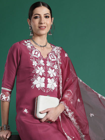 Floral Embroidered Thread Work Kurta with Trousers & Dupatta