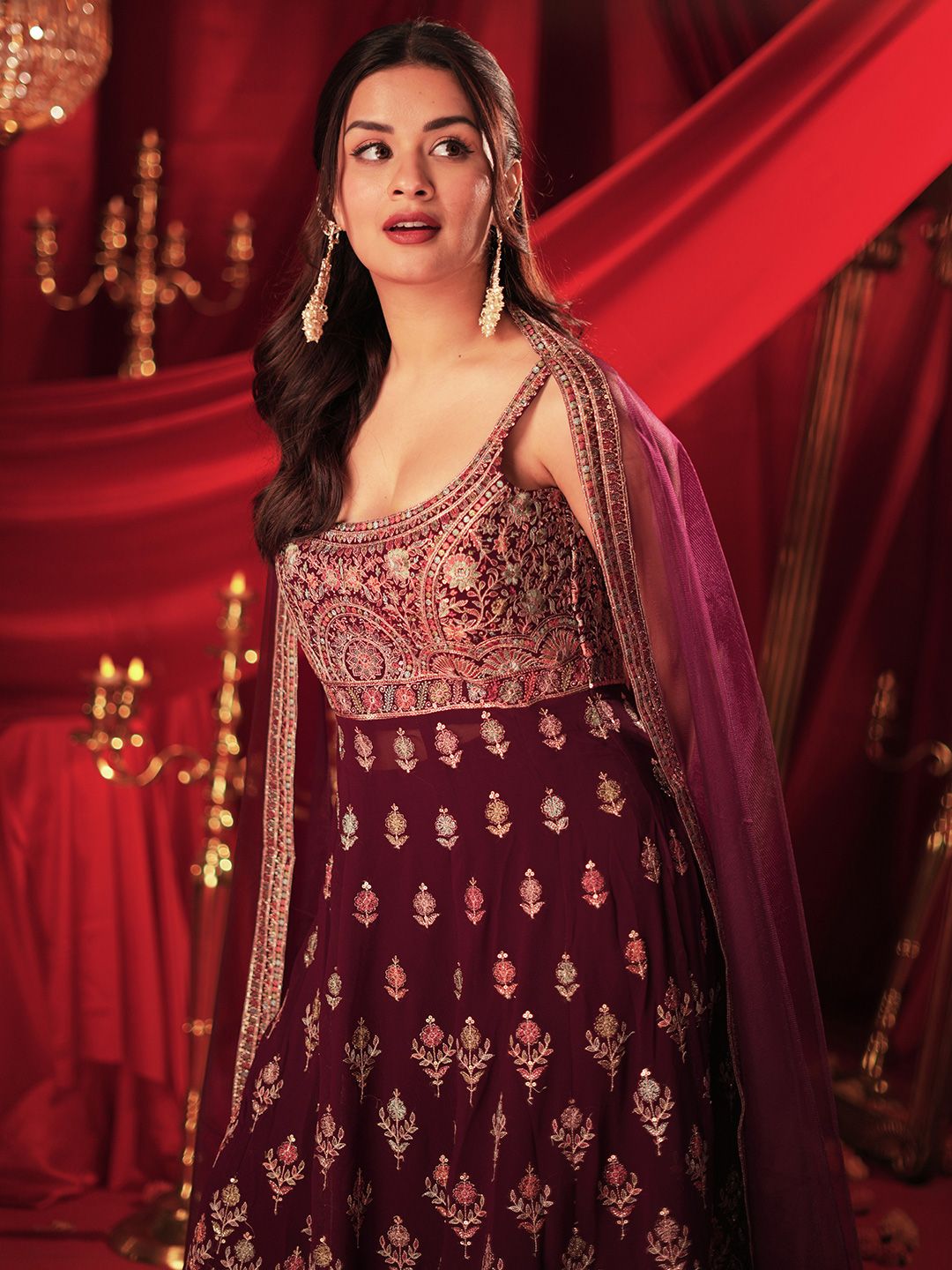 Dhiyona LL Floral Embroidered Beaded Georgette A-Line Kurta With Palazzos & Dupatta