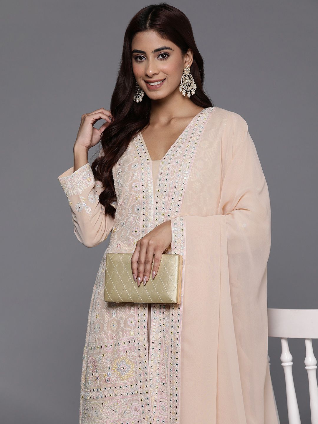 Dhiyona LL Floral Embroidered Regular Sequinned Kurti with Palazzos & Dupatta