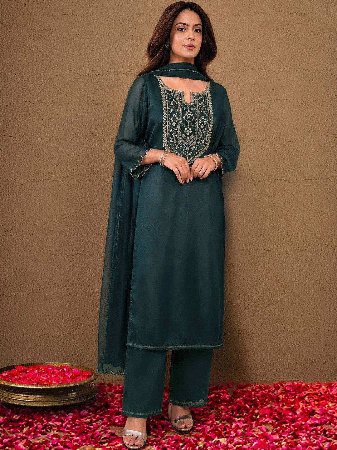 Women Ethnic Motifs Embroidered Regular Kurta with Palazzos & With Dupatta