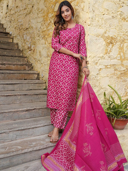 Dhiyona KL Keyhole Neck Ethnic Motifs Printed Regular Kurta with Trousers & With Dupatta