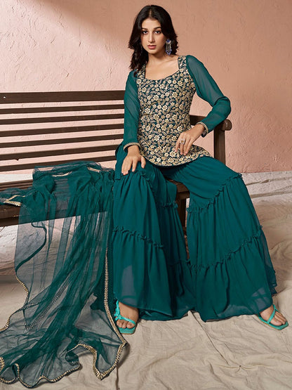 Dhiyona IN Teal Floral Embroidered Sequinned Georgette Kurta With Sharara & Dupatta