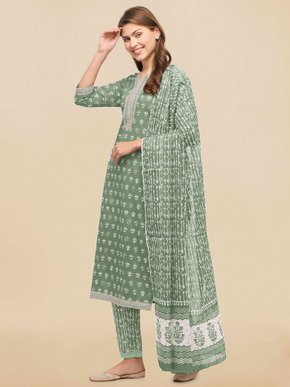 Dhiyona KL Women Green Ethnic Motifs Printed Regular Gotta Patti Kurta with Palazzos & With Dupatta