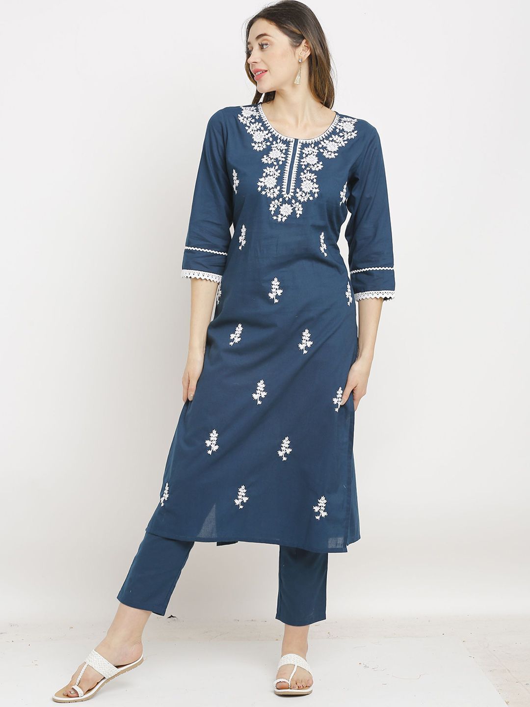 Dhiyona KL Floral Embroidered Pure Cotton Straight Kurta with Trousers & Dupatta
