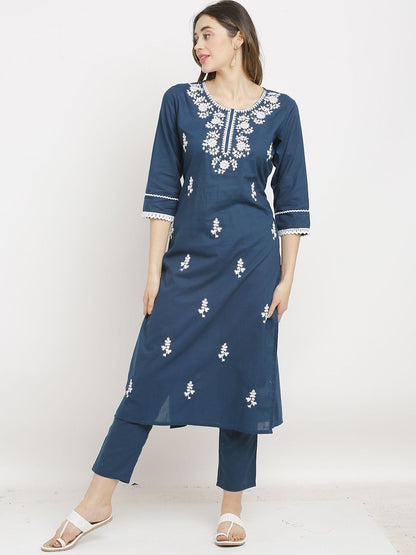 Dhiyona KL Floral Embroidered Pure Cotton Straight Kurta with Trousers & Dupatta