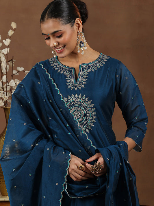 Ethnic Motifs Embroidered Zari Chanderi Silk Straight Kurta with Trousers & Dupatta