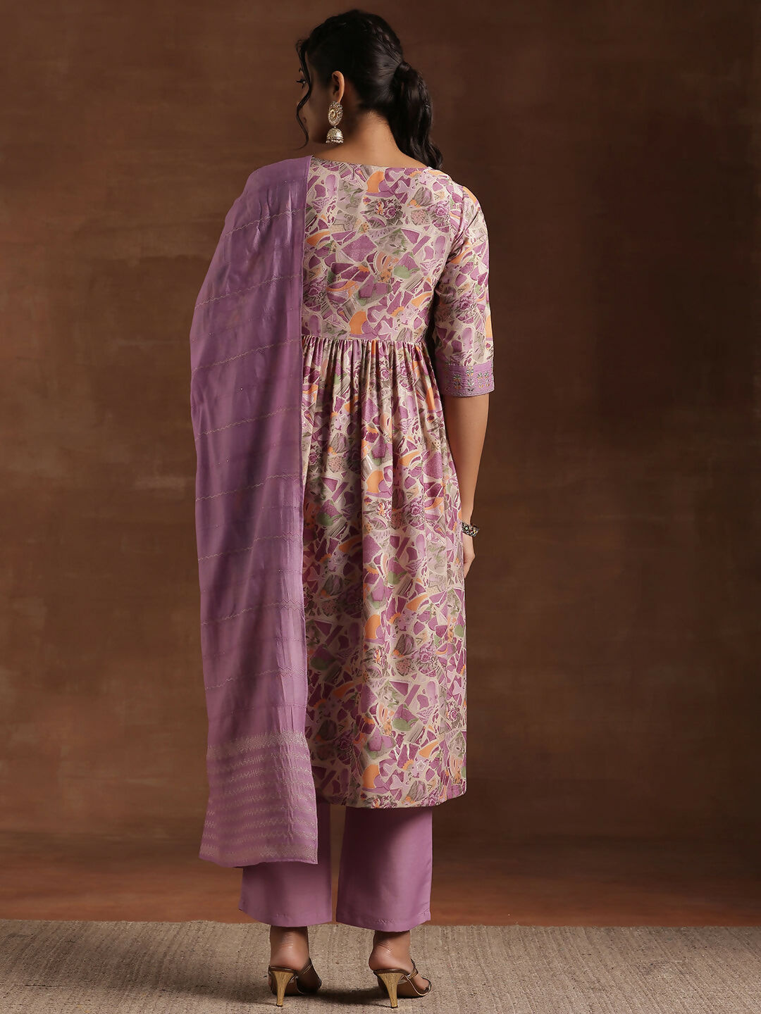 Women's LB Purple Printed Silk Blend A-Line Kurta With Trousers & Dupatta