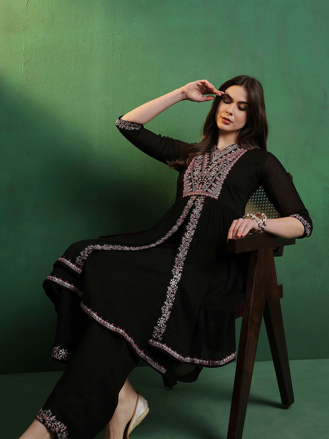 Dhiyona SN Women's Alina Cut Embroidered A-Line Silk Kurta With Palazzo Set