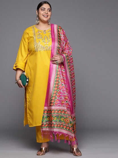 Mustard Xtra Yoke Design Gotta Patti Pure Cotton Kurta With Trousers & Dupatta