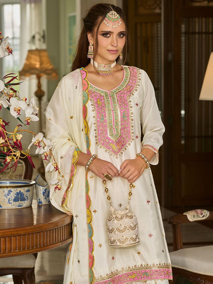 Paisley Embroidered Sequinned Straight Kurta With Sharara And Dupatta