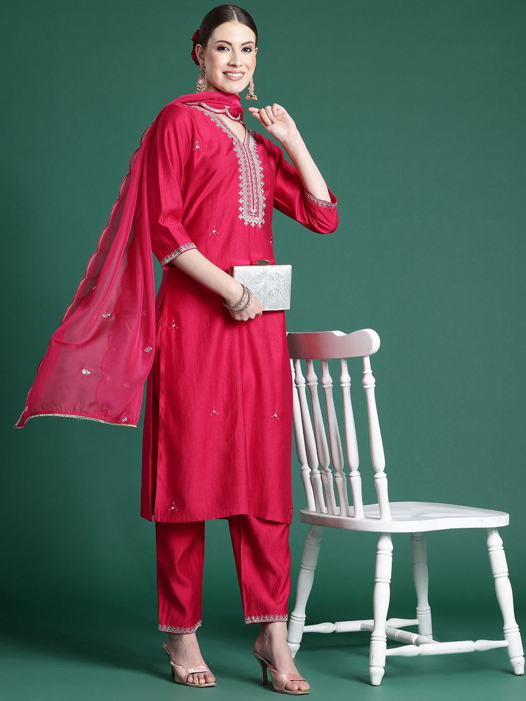 Dhiyona IE Ethnic Motifs Yoke Design Zari Liva Kurta With Trousers & Dupatta