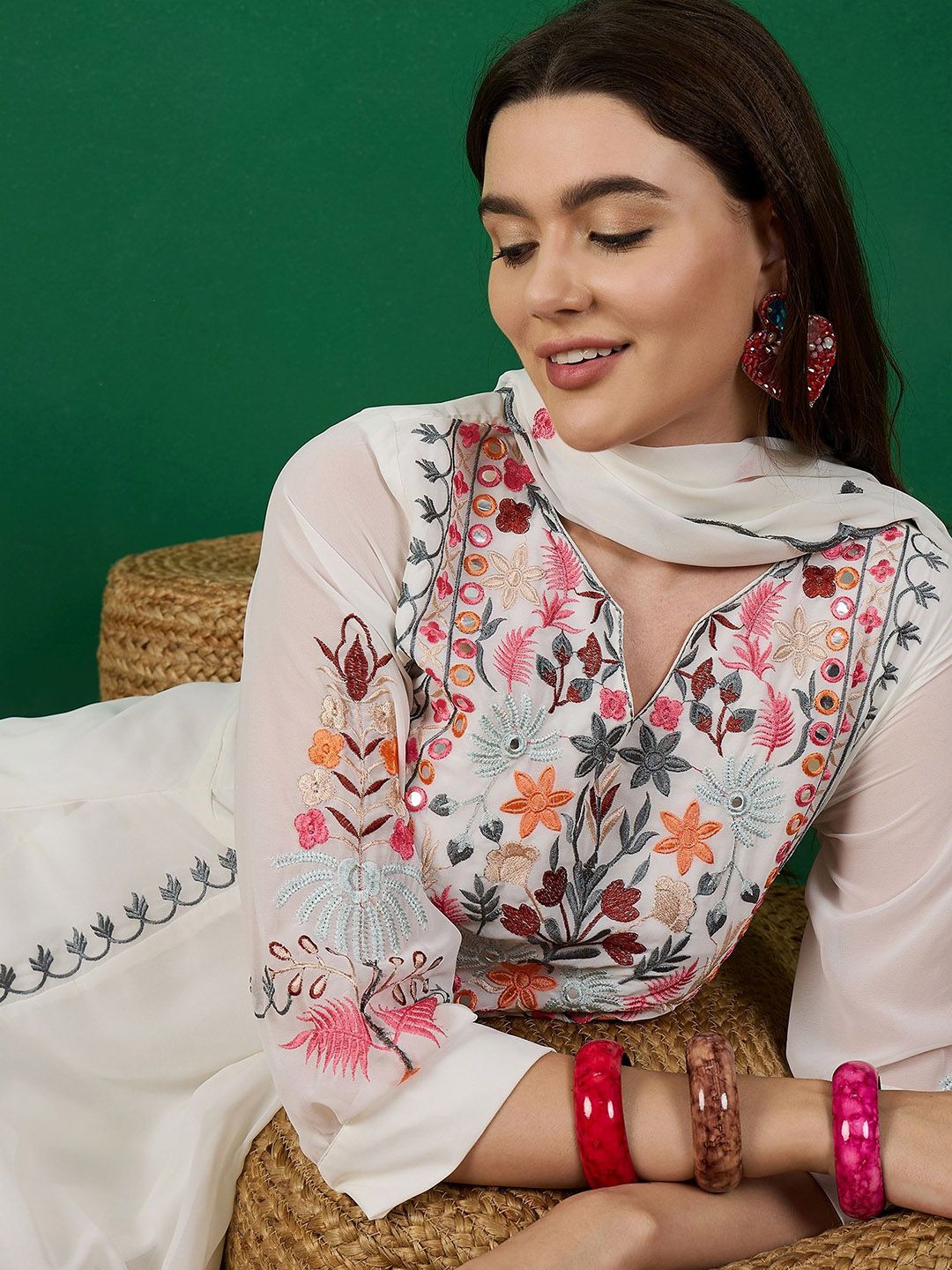 Dhiyona KL Floral Embroidered Georgette Straight Kurta With Palazzo & Dupatta