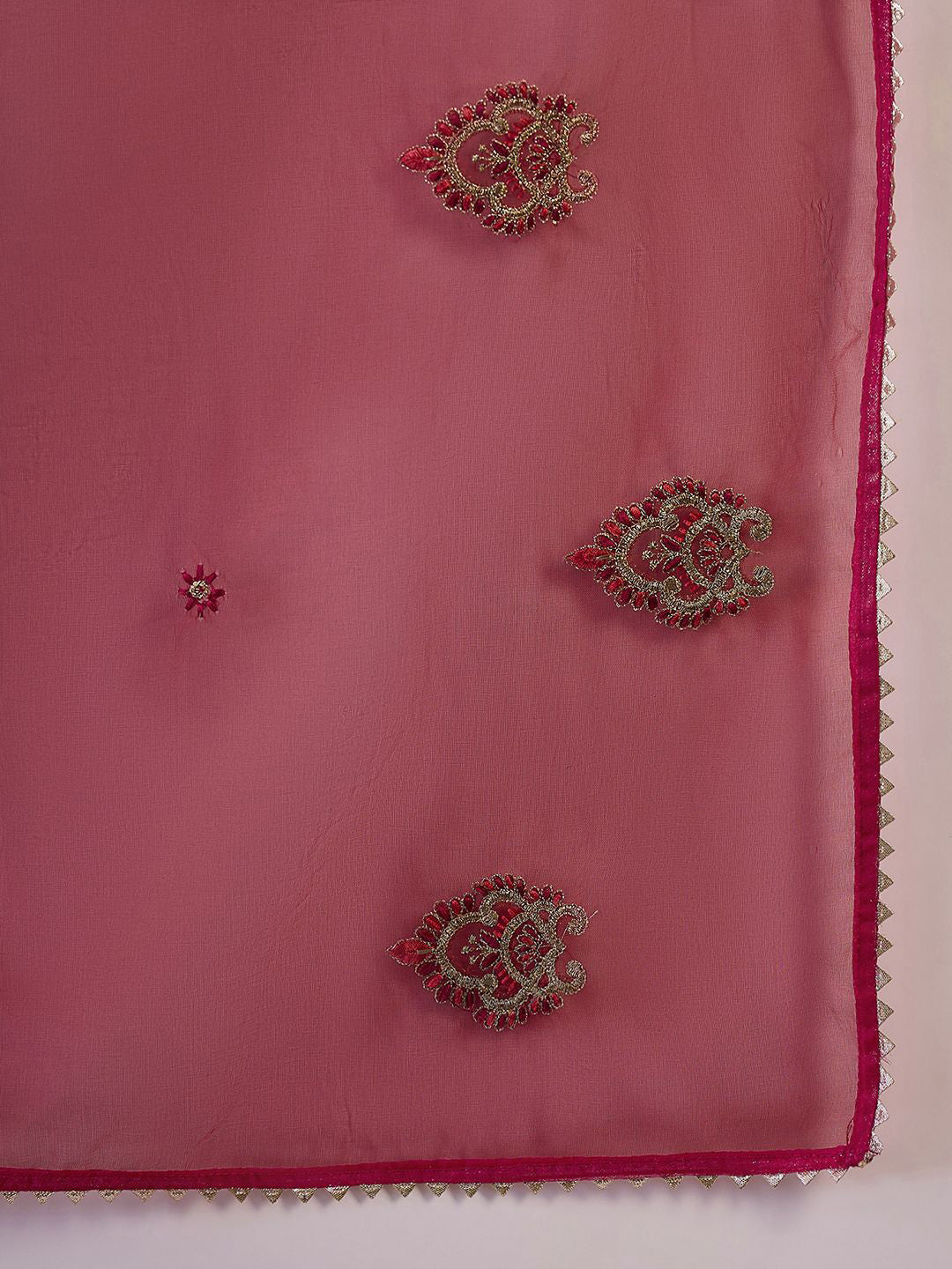 Maroon And Gold Pleated Zari rounnd Neck A-Line Kurta With Trousers And Dupatta