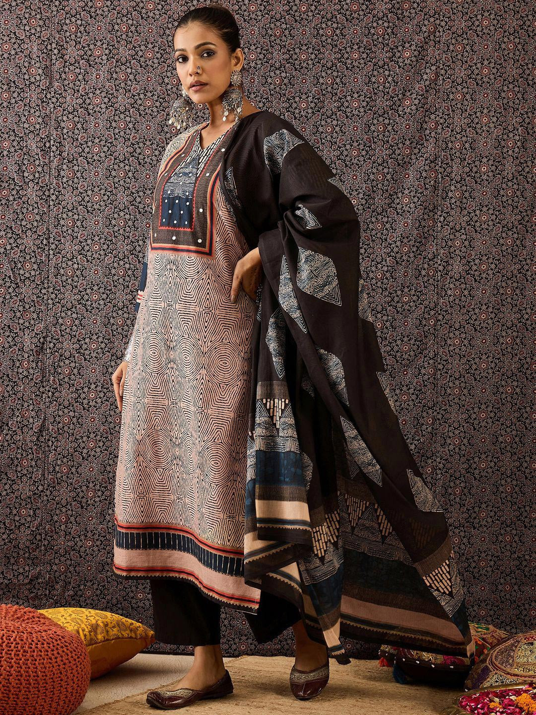 Women Ethnic Motifs Printed Regular Beads and Stones Pure Cotton Kurta with Trousers & With Dupatta