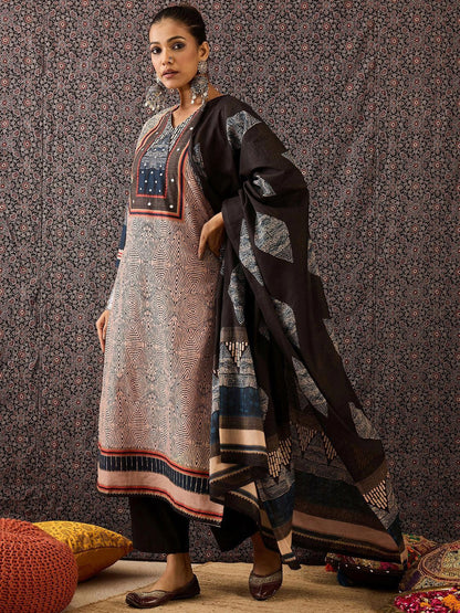 Women Ethnic Motifs Printed Regular Beads and Stones Pure Cotton Kurta with Trousers & With Dupatta