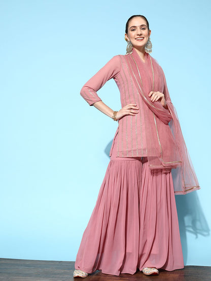 Dhiyona IN Women Pink Embroidered Kurti with Sharara & With Dupatta