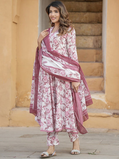 Dhiyona KL Floral Printed Regular Thread Work Pure Cotton Kurta with Trousers & Dupatta