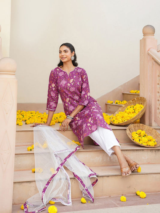 Dhiyona KL Floral Printed Gotta Patti Kurta with Trousers & With Dupatta