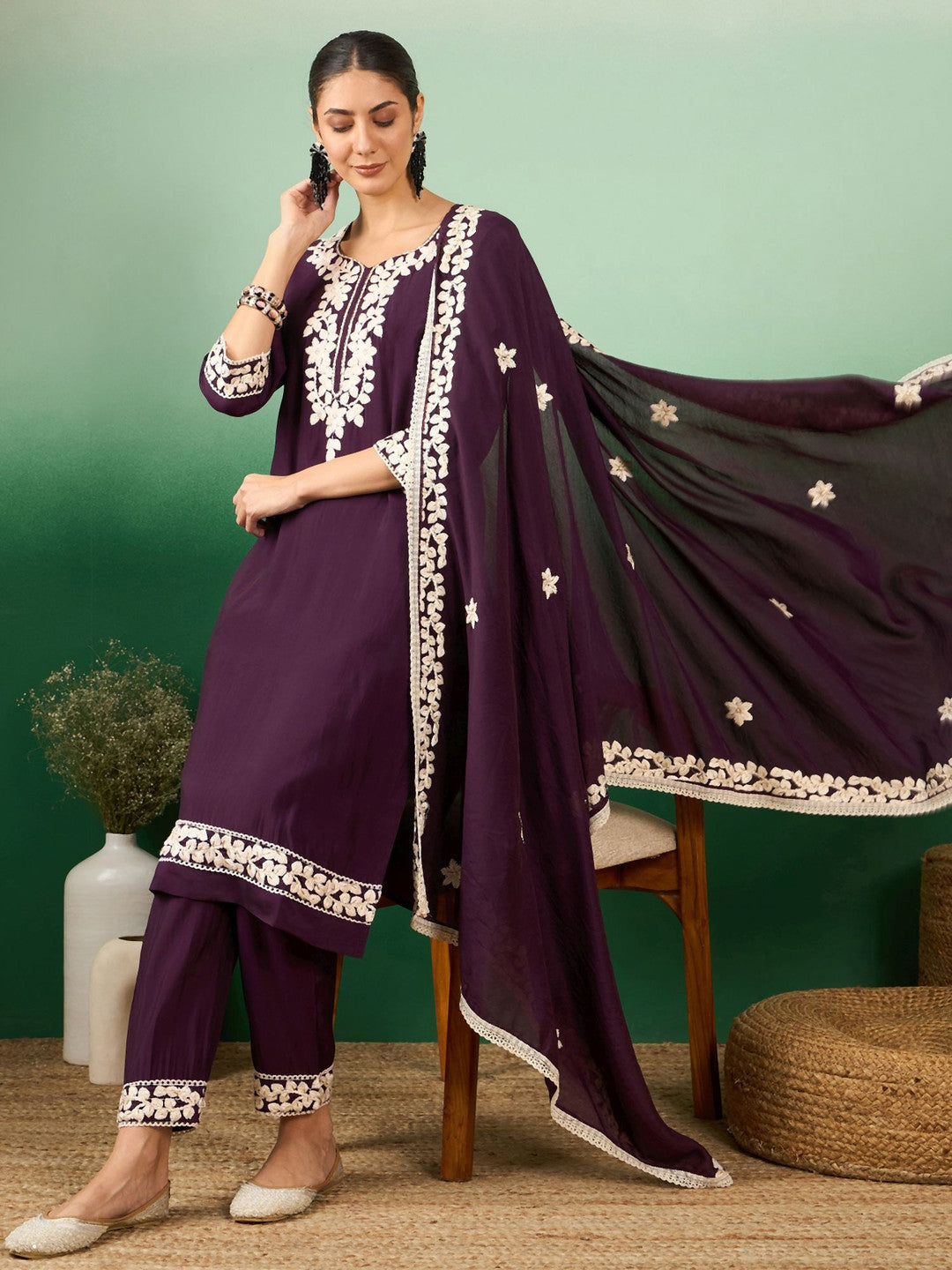 Purple & White Floral Embroidered Jacquard Straight Kurta With Trousers & Dupatta