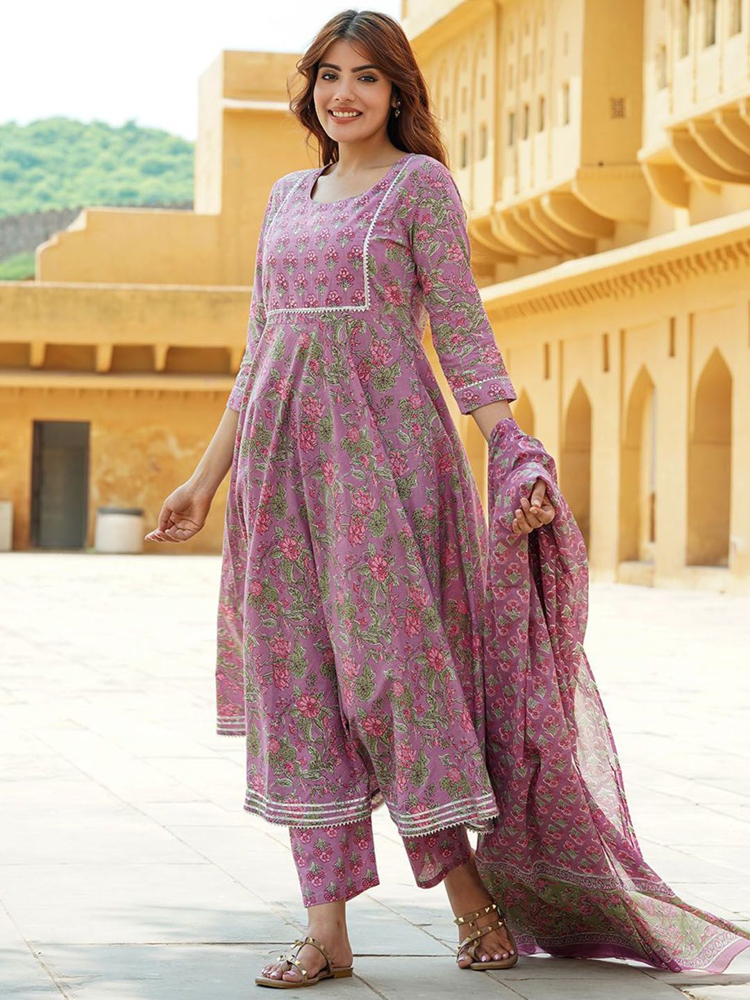 Dhiyona KL Floral Printed Gotta Patti Pure Cotton Anarkali Kurta With Trousers & Dupatta