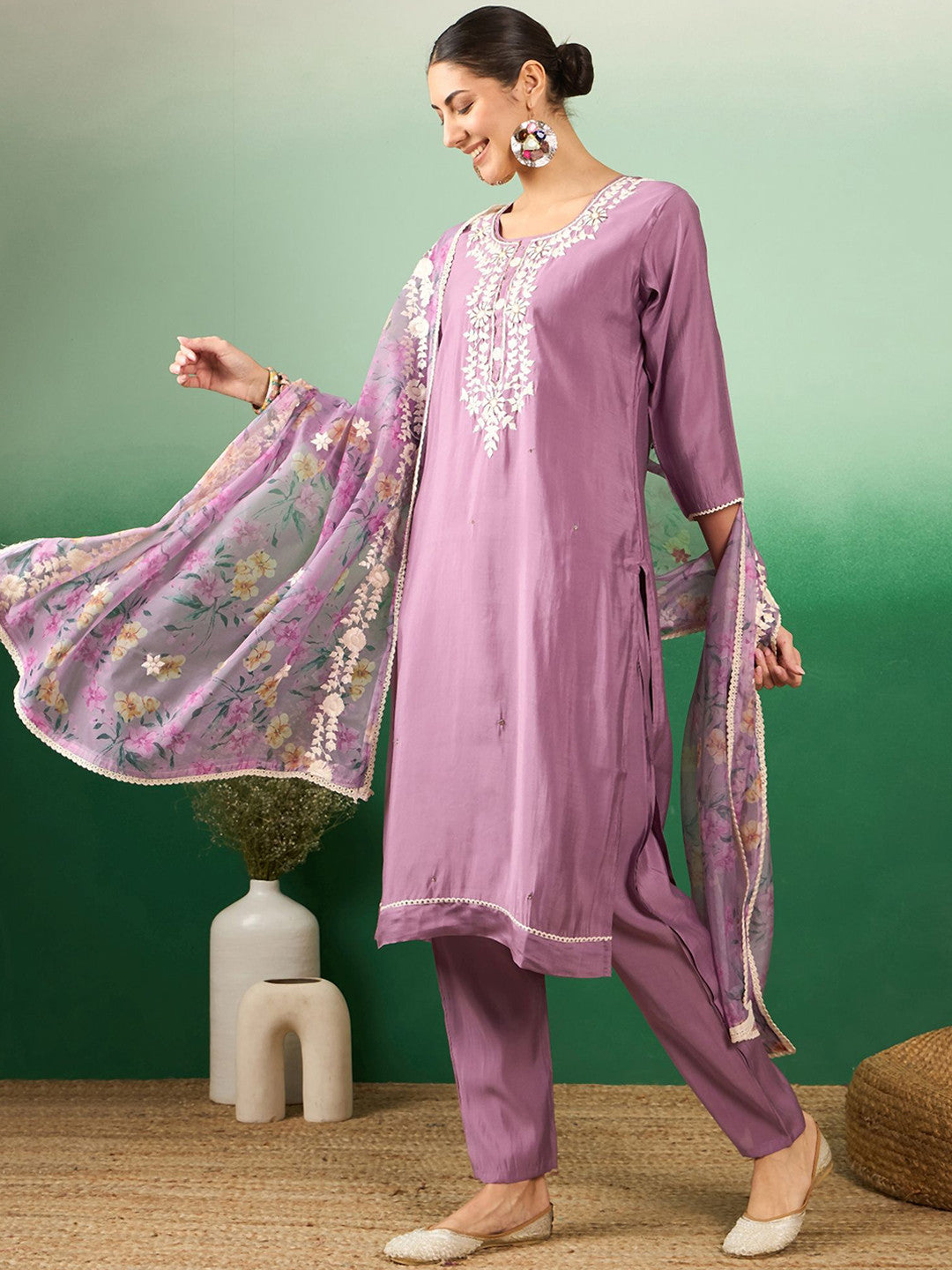 Purple Floral Embroidered Jacquard Straight Kurta With Trousers & Dupatta