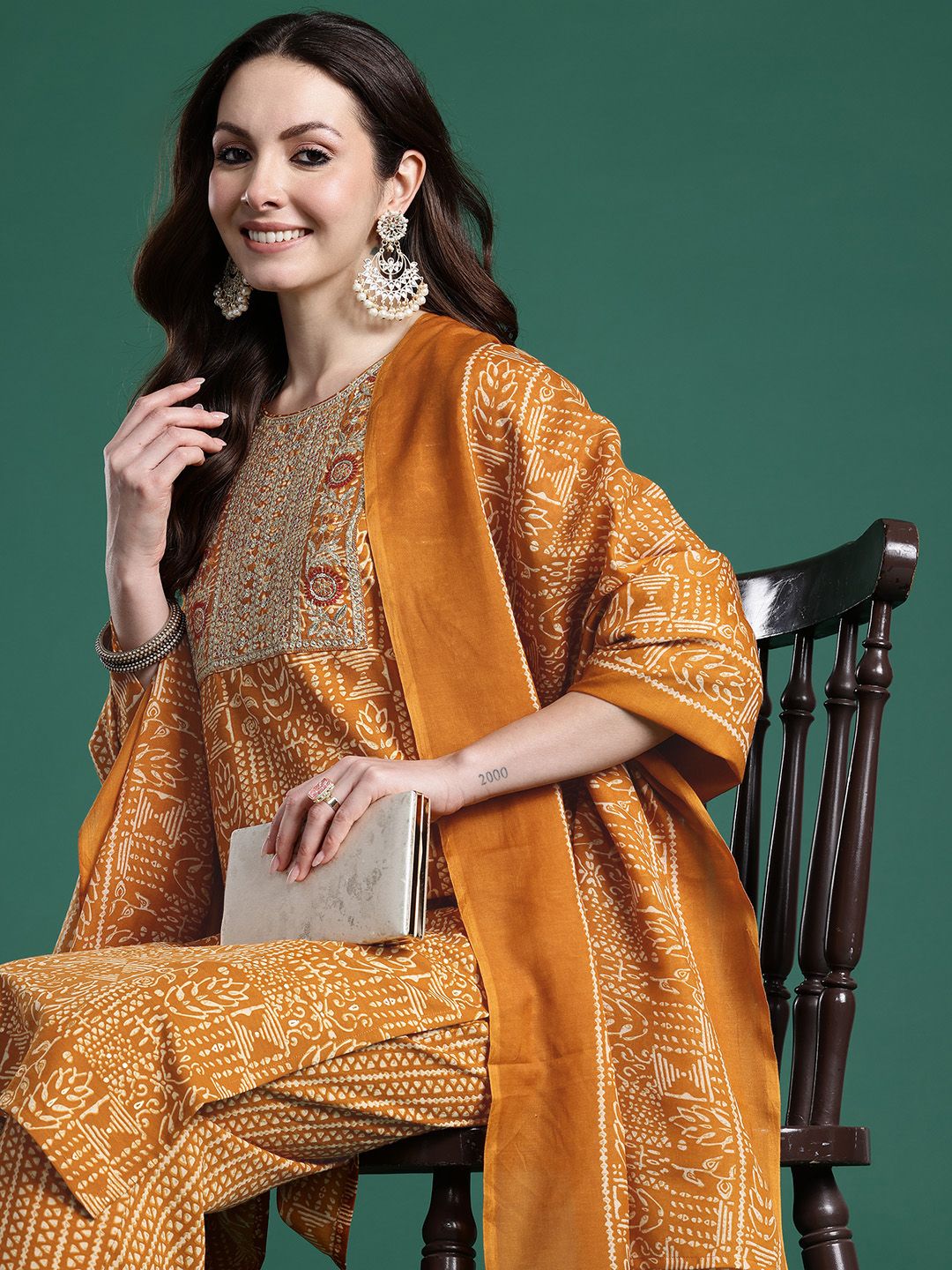 Dhiyona IE Ethnic Motifs Printed Thread Work Pure Cotton Kurta with Trousers & With Dupatta