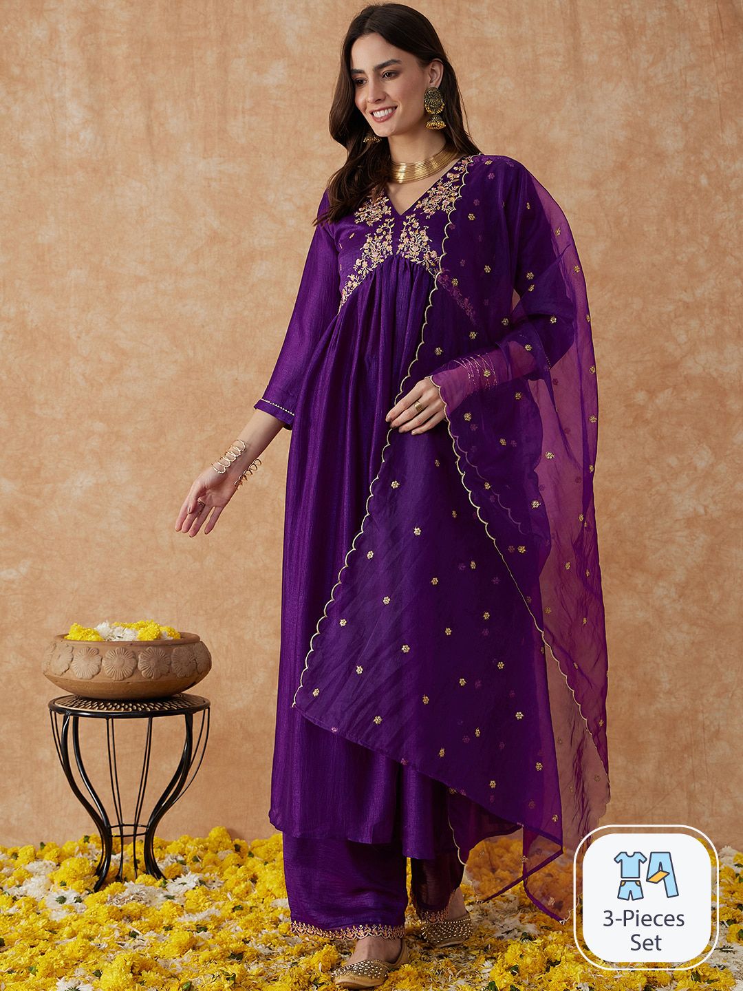 Dhiyona SN Women's Alia Cut Ethnic Motifs Embroidered Anarkali Kurta With Palazzo & Dupatta Set