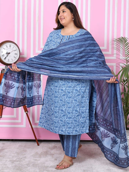 Dhiyona KL Plus Size Floral Printed Pure Cotton Straight Kurta with Palazzos & Dupatta