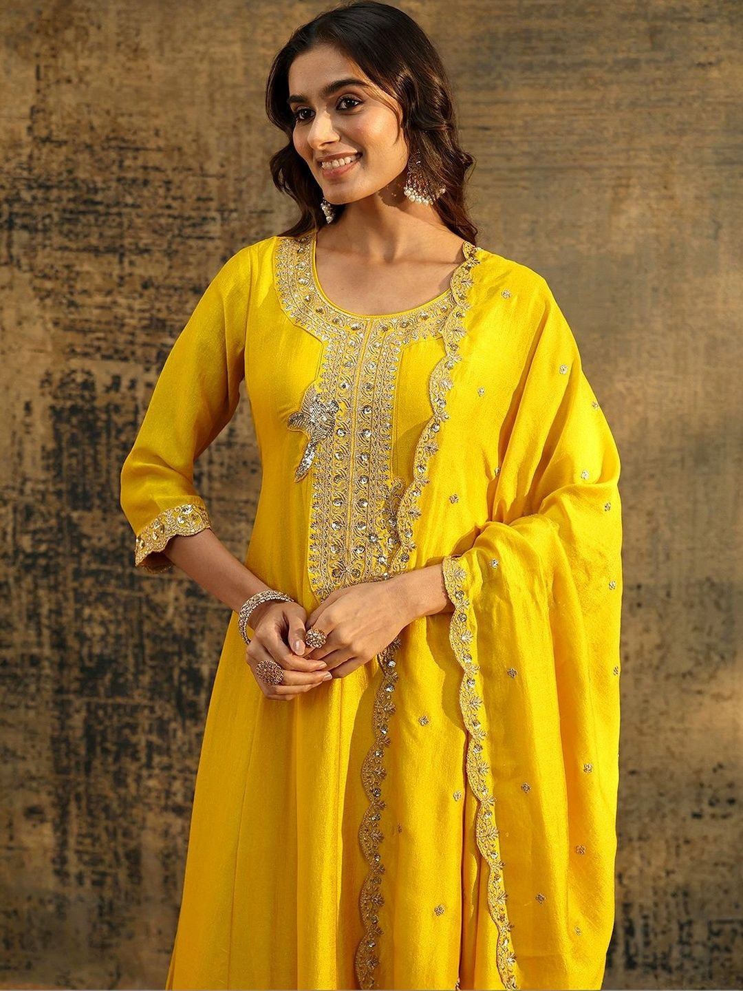 Lemon Yellow Embellished Silk Blend Anarkali Suit Set